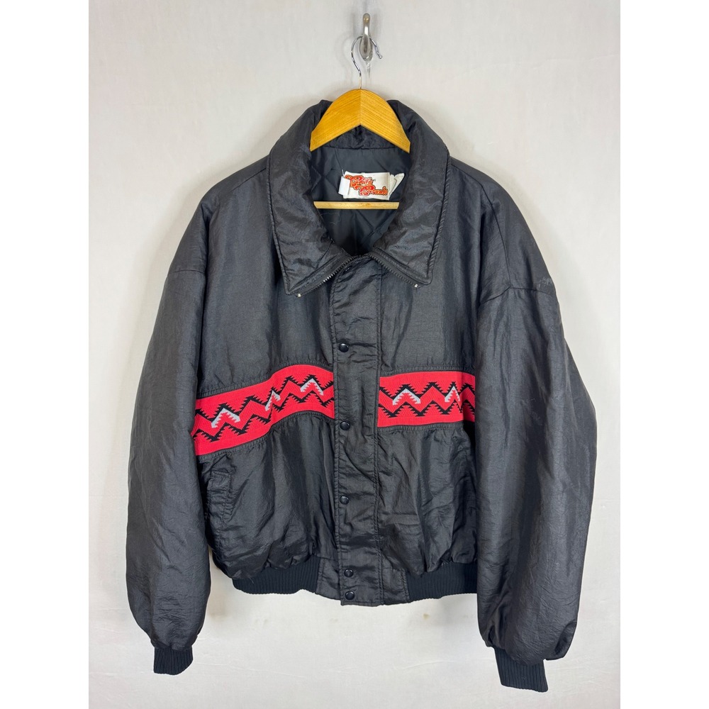 Vintage Comfy Casuals Mens Black Southwestern Puffy Bomber Jacket XL Made in USA